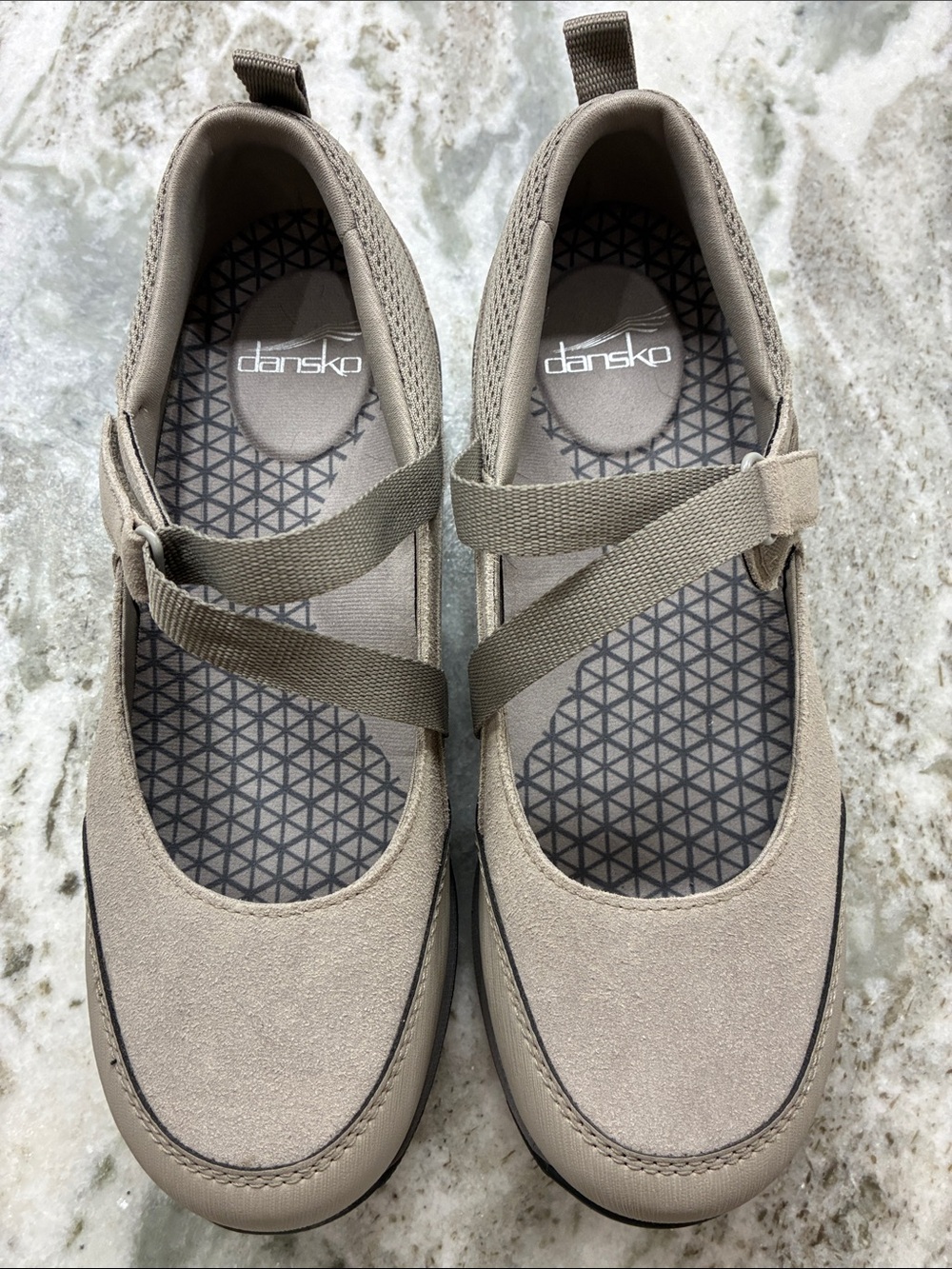 Dansko Taupe Mary Jane Slip-On Flats.